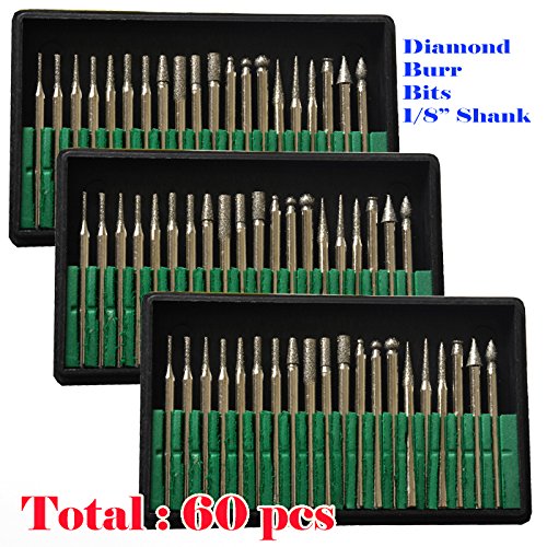 MTP Tm 60 Pcs Diamond Burr Bits Drill Glass Gemstone Metal for Dremel Craftsman Rotary Tool 1/8″ Shanks w/ Box Tip